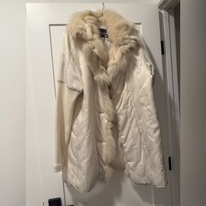 ABS Allen Schwartz Cream Fur-Trimmed Trench Coat